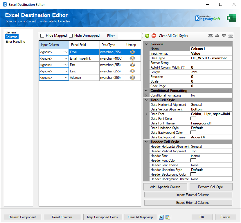 SSIS Premium Excel Destination Component - Columns Page